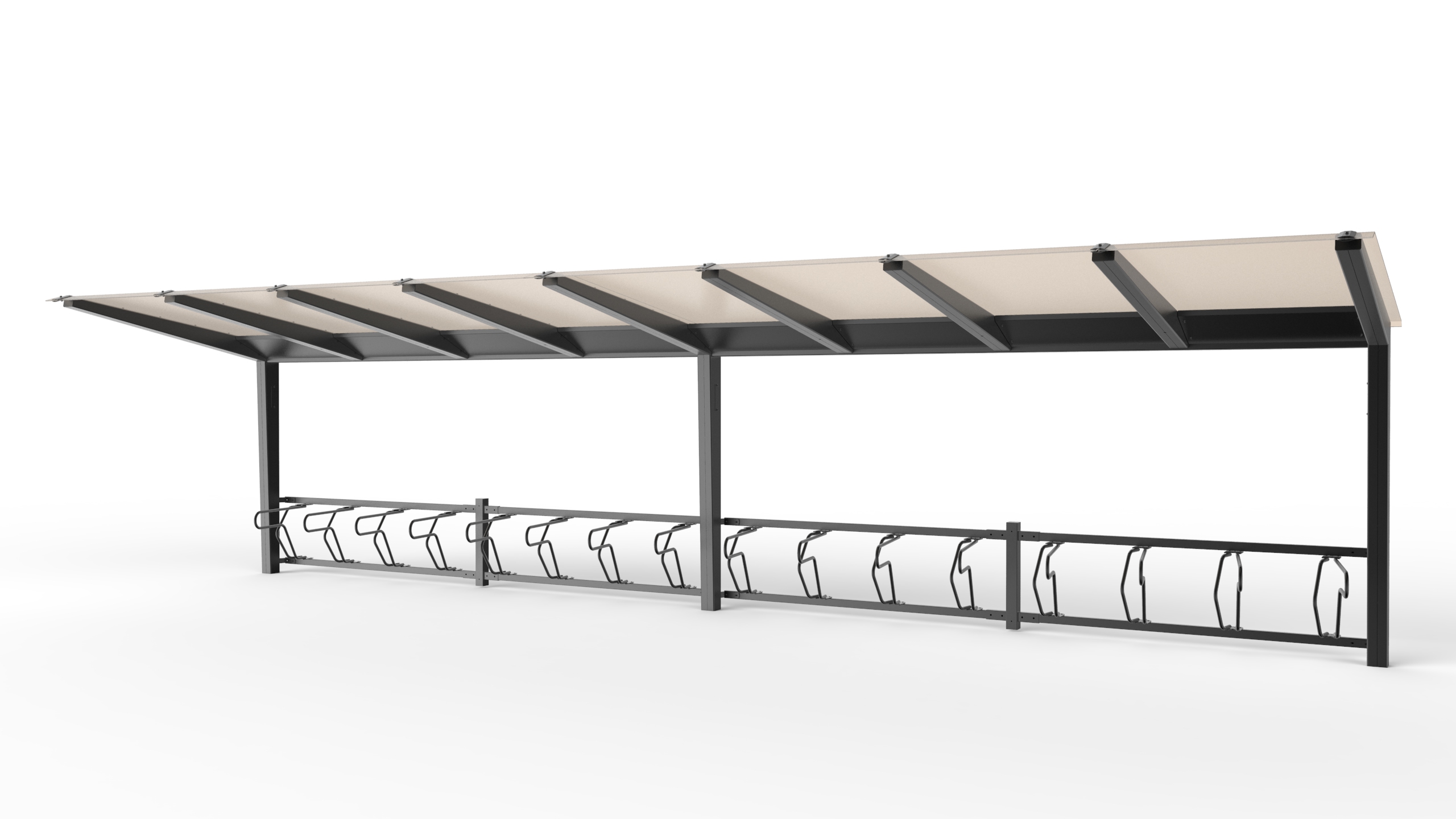 Light pyöräkatos yksi- tai kaksipuolisena lasin tunteella, neliskulmaiset putket ja katos polykarbonaattia, katoksen kanssa voidaan yhdistää delta runkolukitusteline, katos erilaisissa pituuksia, kuva edestä valkoisella pohjalla
