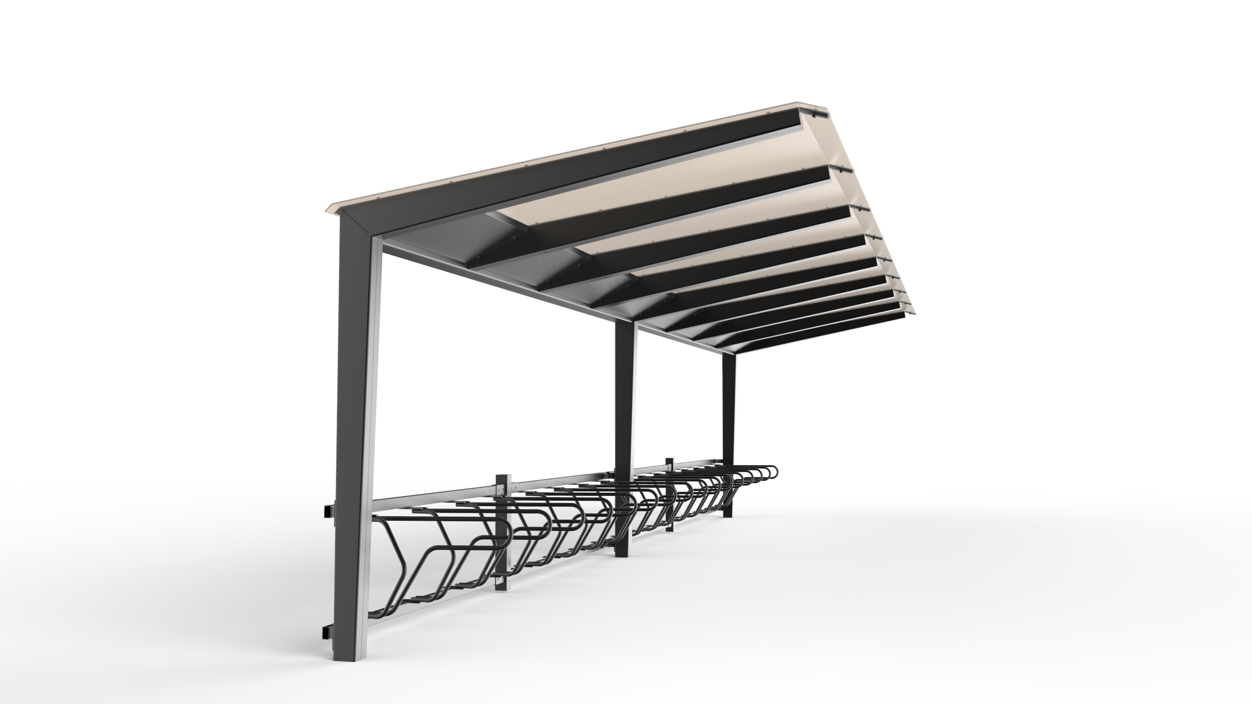 Light pyöräkatos yksi- tai kaksipuolisena lasin tunteella, neliskulmaiset putket ja katos polykarbonaattia, katoksen kanssa voidaan yhdistää delta runkolukitusteline, katos erilaisissa pituuksia, kuva sivulta valkoisella pohjalla