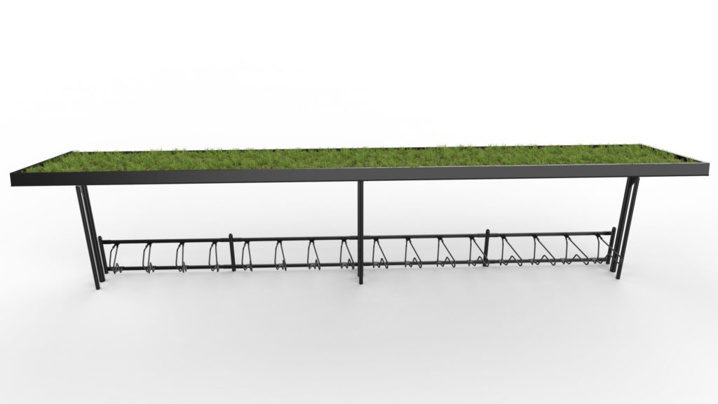 Cyklos KAPPA 8,5 metrin pyöräkatos viherkatoksella ilman päätytolppaa ja Delta runkolukitusteline, kuva edestä josta näkee viherkatoksen