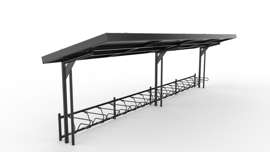 Cyklos KAPPA 8,5 metrin pyöräkatos viherkatoksella ilman päätytolppaa ja Delta runkolukitusteline