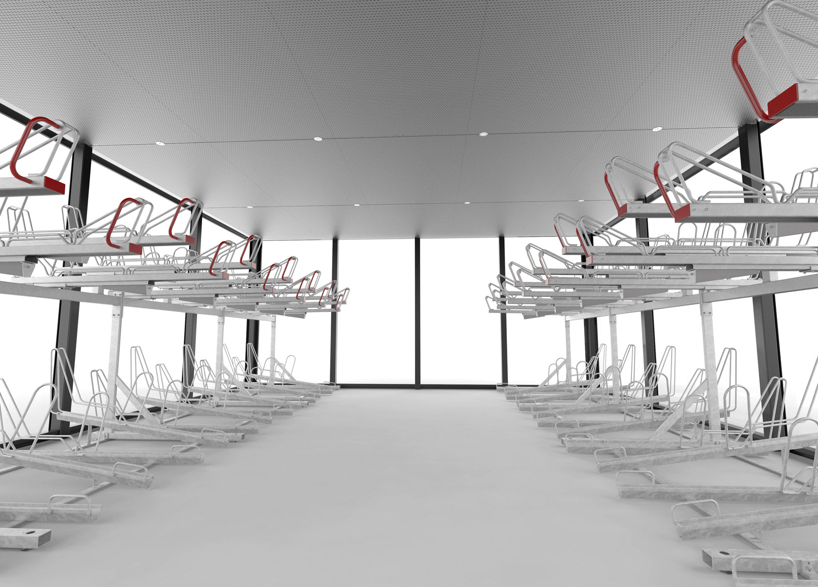 Cyklos pyörätalli, lukittu pyöränsäilytystila automaattisella liukuovella ja kaksikerrostelineillä