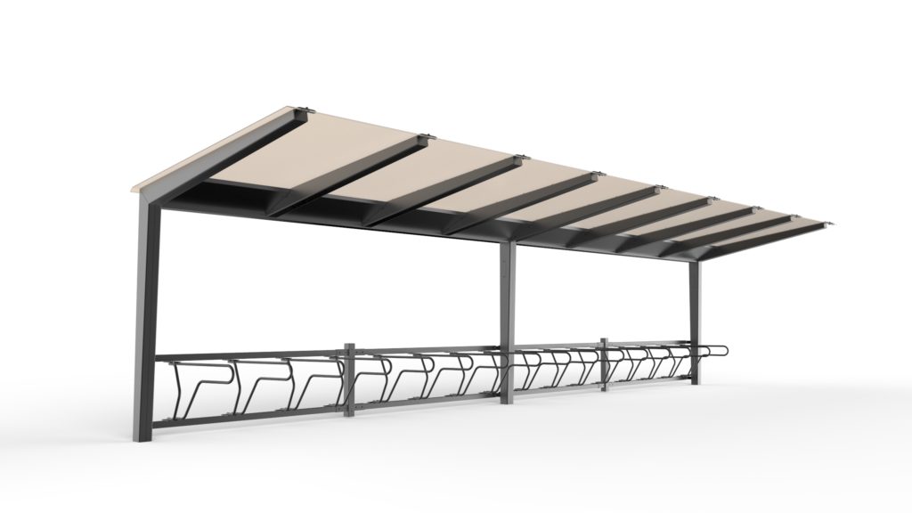 Cyklos LIGHT Cykeltak och väderskydd + DELTA Cykelställ mot vit bakgrund