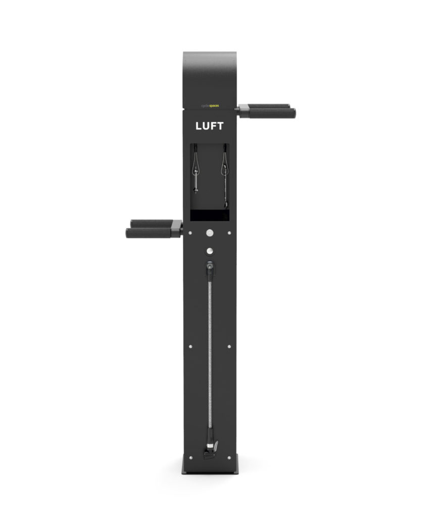 Cykelservicestation Care4Bikes med automatisk cykelpump och hängare för cykel och verktyg