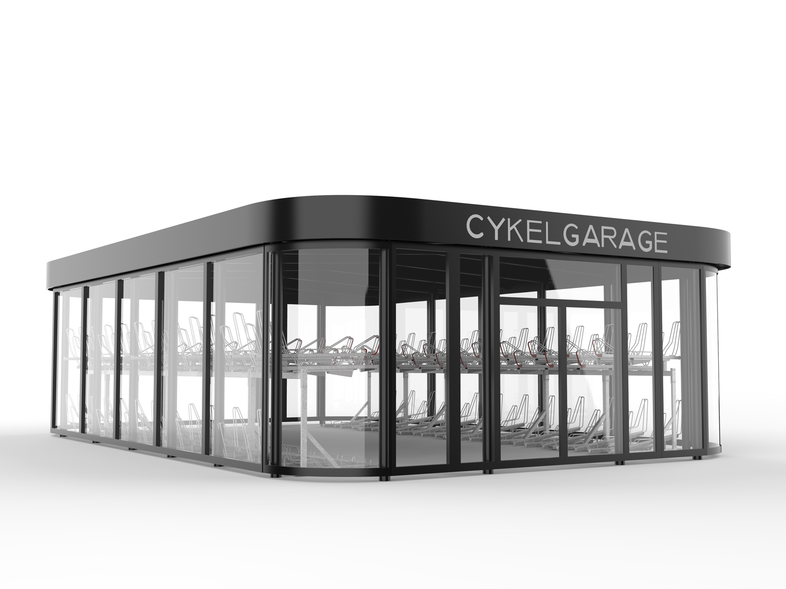 Cykelgarage FLOW med automatiska skjutdörrar och tvåvåningsstället OPTIMA
