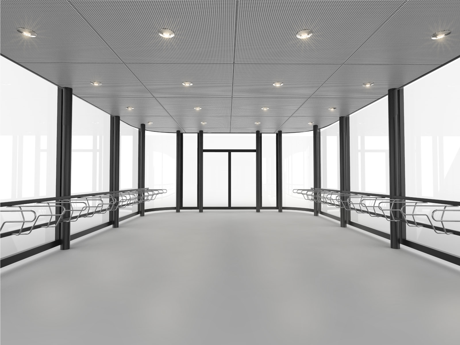 Rendering av Cyklos FLOW cykelgarage med innertak och tänd ledbelysning. Cykelställ DELTA med ramlåsning på sidorna.