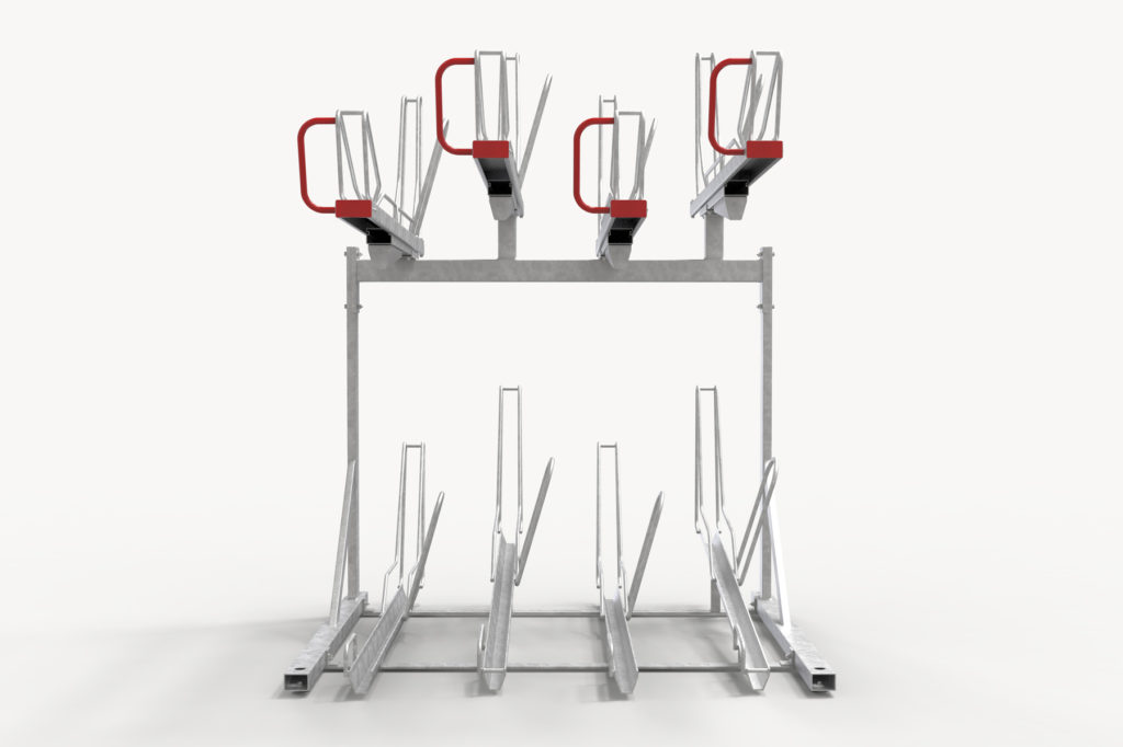 OPTIMA tvåvåningsställ för cyklar med ramlåsning sett rakt framifrån.