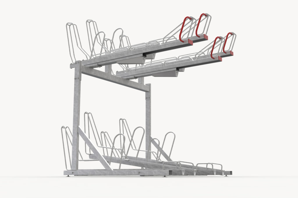OPTIMA tvåvåningsställ för cyklar med ramlåsning sett snett underifrån.