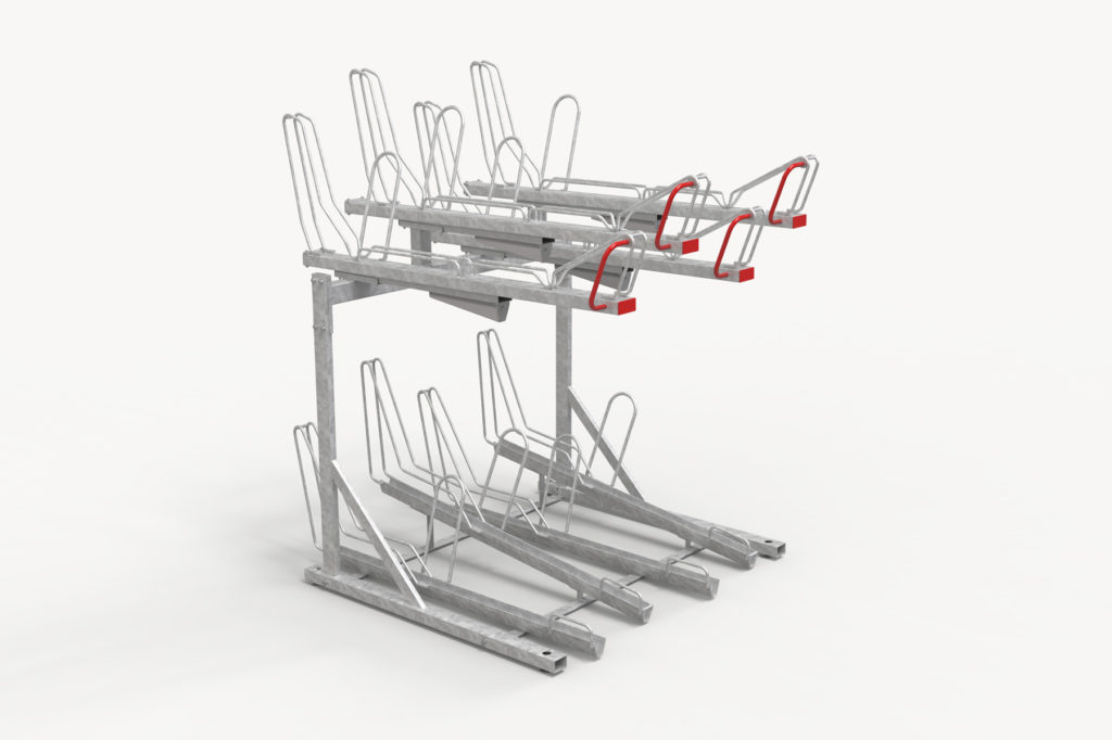 OPTIMA tvåvåningsställ för cyklar med ramlåsning sett snett från sidan.