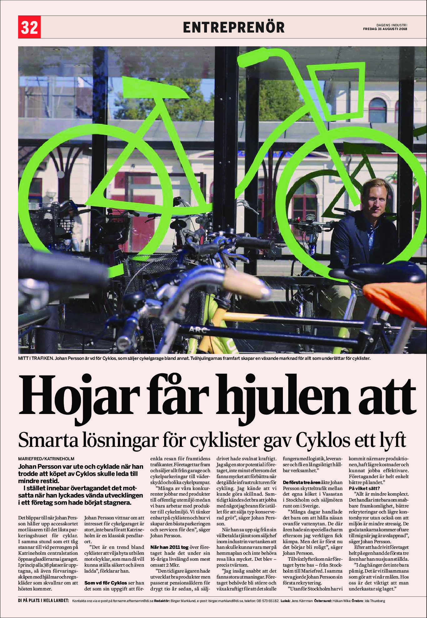 Artikel i Dagens Industri augusti 2018 om Cyklos och entreprenören Johan Persson.