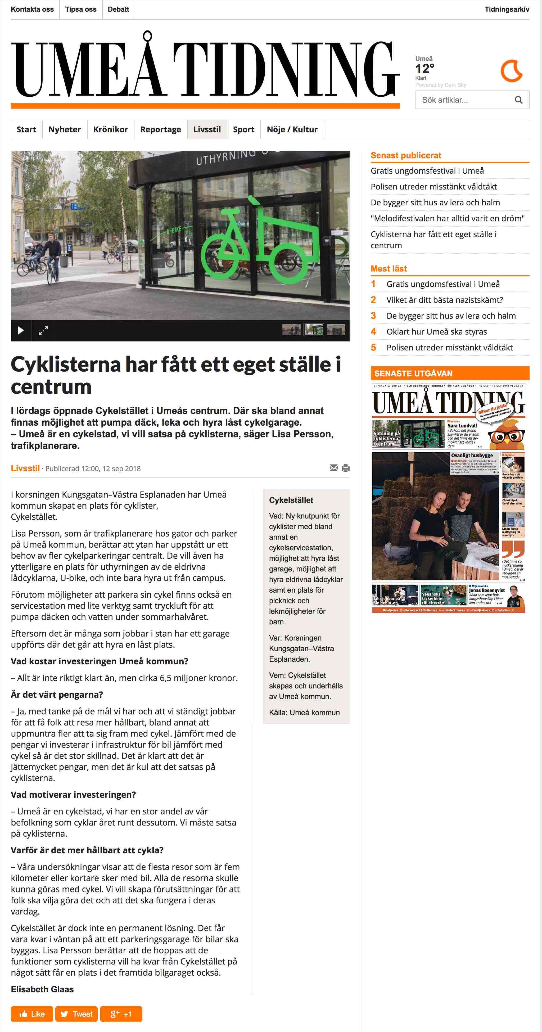 Artikel från Umeå Tidning om invigningen av "Cykelstället" i Umeå där Cyklos levererat ett uppvärmt cykelgarage, cykelställ och cykeltak
