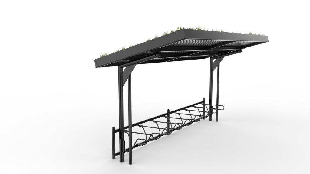 Rendering av cykeltak KAPPA med sedum med 8 platser DELTA cykelställ i vit bakgrund