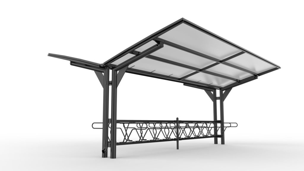 Dubbelsidigt cykeltak YPSILON från Cyklos tillsammans med cykelställ DELTA i vit bakgrund