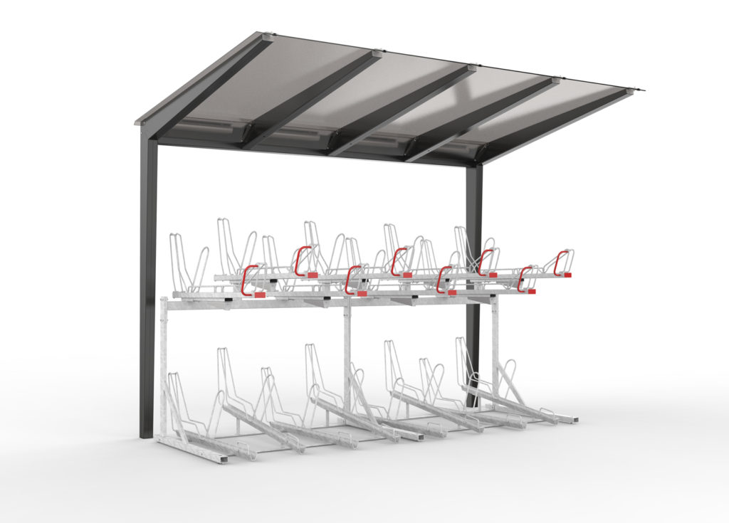 Tvåvåningsställ för cykel med röda handtag och cykeltak